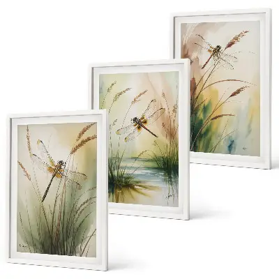 Dragonflies grass and water painting set of 3 framed wall art pieces
