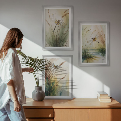 Set of 3 framed wall art pieces Dragonflies grass water painting