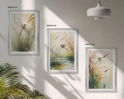 Dragonflies grass and water painting set of 3 framed wall art pieces