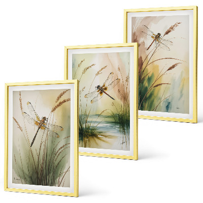 Set of 3 framed wall art pieces Dragonflies grass water painting