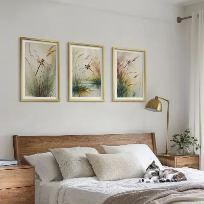 Dragonflies grass and water painting set of 3 framed wall art pieces
