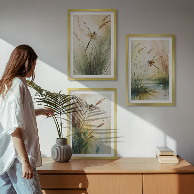 Set of 3 framed wall art pieces Dragonflies grass water painting