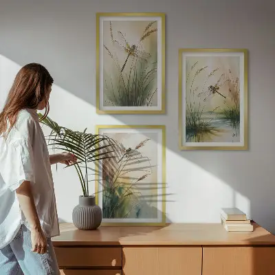 Dragonflies grass and water painting set of 3 framed wall art pieces
