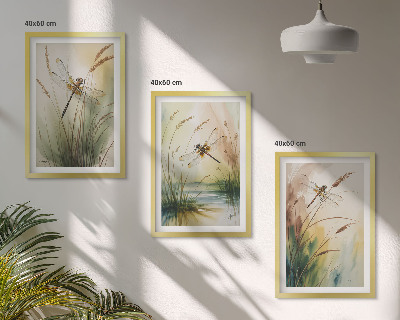 Set of 3 framed wall art pieces Dragonflies grass water painting