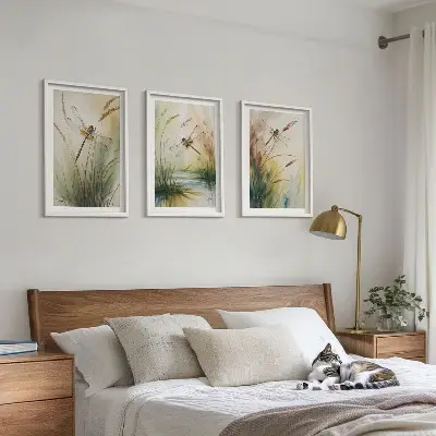 Dragonflies grass and water painting set of 3 framed wall art pieces