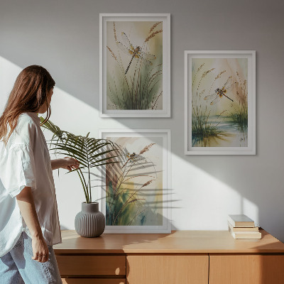 Set of 3 framed wall art pieces Dragonflies grass water painting