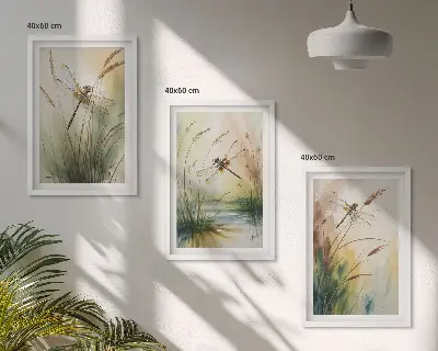 Dragonflies grass and water painting set of 3 framed wall art pieces
