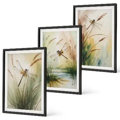 Dragonflies grass and water painting set of 3 framed wall art pieces