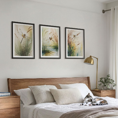 Set of 3 framed wall art pieces Dragonflies grass water painting