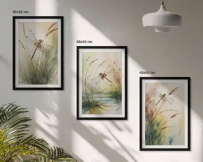 Dragonflies grass and water painting set of 3 framed wall art pieces