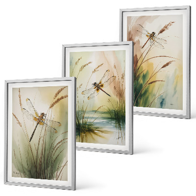 Set of 3 framed wall art pieces Dragonflies grass water painting
