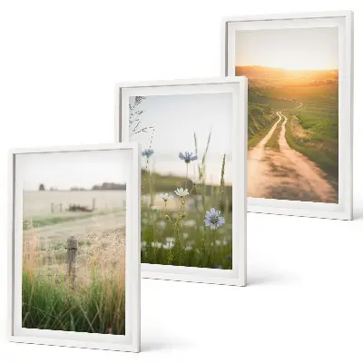 Three-piece landscape wall art featuring a nature path through fields