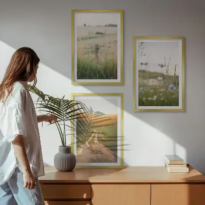Three-piece landscape wall art featuring a nature path through fields