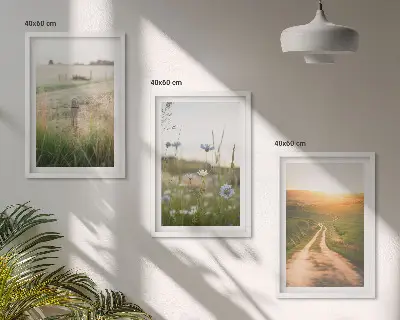 Three-piece landscape wall art featuring a nature path through fields