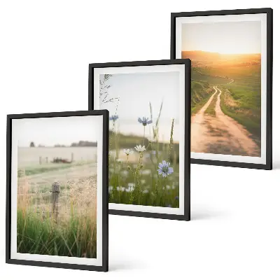 Three-piece landscape wall art featuring a nature path through fields