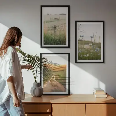 Three-piece landscape wall art featuring a nature path through fields