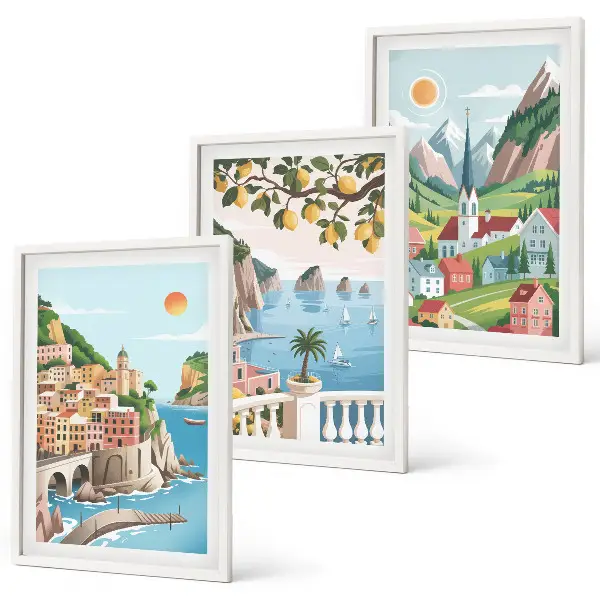 Wall art set featuring landscapes, the sea, and citrus fruits