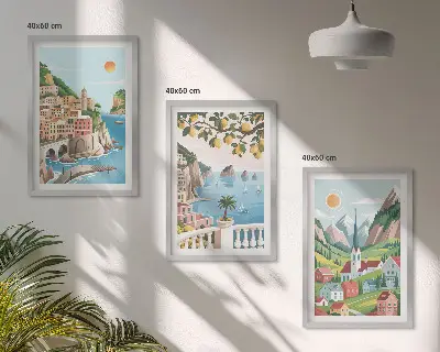 Wall art set featuring landscapes, the sea, and citrus fruits