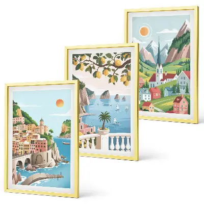 Wall art set featuring landscapes, the sea, and citrus fruits