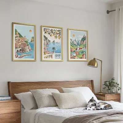 Wall art set featuring landscapes, the sea, and citrus fruits
