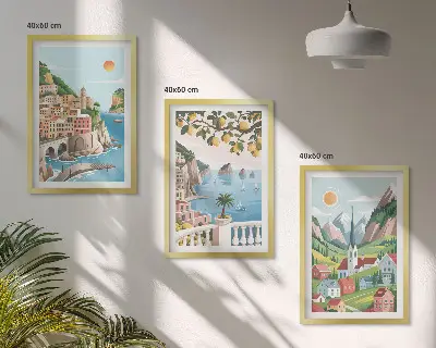 Wall art set featuring landscapes, the sea, and citrus fruits