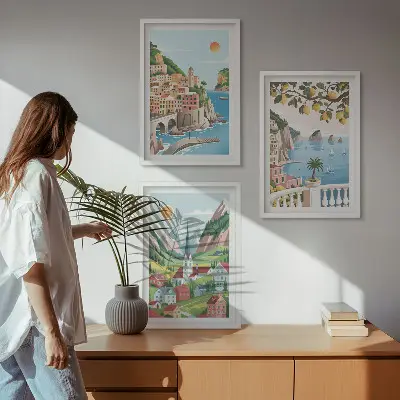 Wall art set featuring landscapes, the sea, and citrus fruits