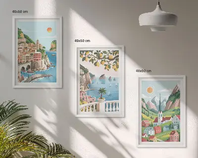 Wall art set featuring landscapes, the sea, and citrus fruits