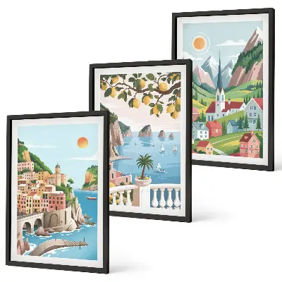 Wall art set featuring landscapes, the sea, and citrus fruits
