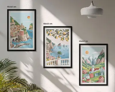 Wall art set featuring landscapes, the sea, and citrus fruits