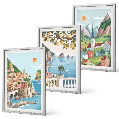 Wall art set featuring landscapes, the sea, and citrus fruits
