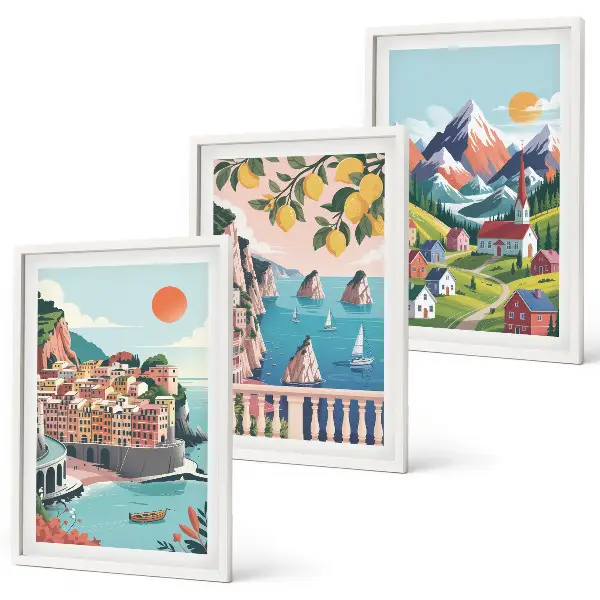 Set of 3 framed wall art pieces colorful mountains and cities design