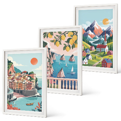 Set of 3 framed wall art pieces Colorful mountains and cities