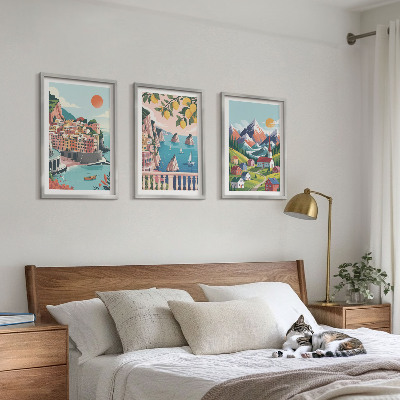 Set of 3 framed wall art pieces Colorful mountains and cities
