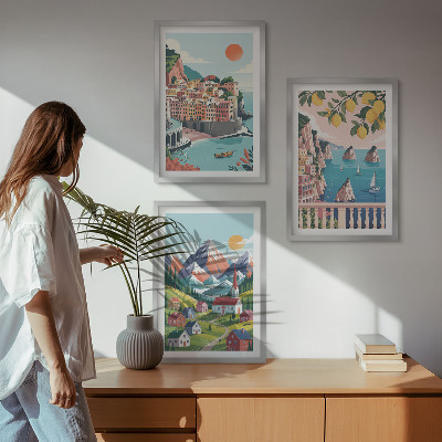 Set of 3 framed wall art pieces Colorful mountains and cities