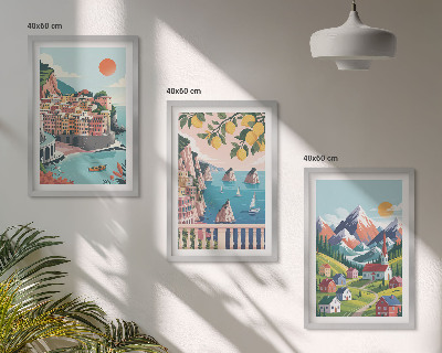 Set of 3 framed wall art pieces Colorful mountains and cities