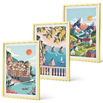 Set of 3 framed wall art pieces colorful mountains and cities design