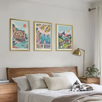 Set of 3 framed wall art pieces colorful mountains and cities design