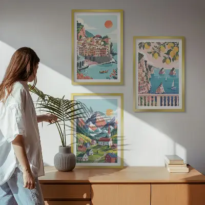 Set of 3 framed wall art pieces colorful mountains and cities design