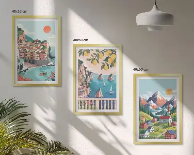 Set of 3 framed wall art pieces colorful mountains and cities design