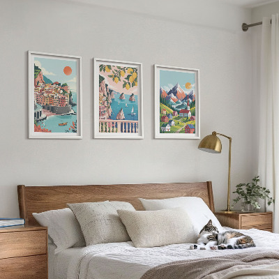Set of 3 framed wall art pieces Colorful mountains and cities