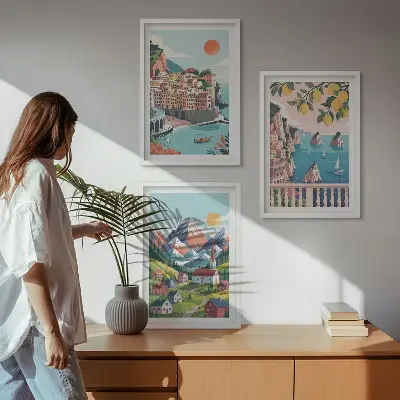 Set of 3 framed wall art pieces colorful mountains and cities design