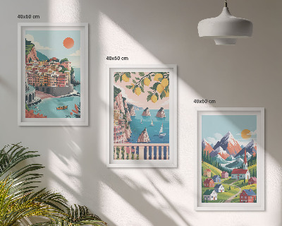 Set of 3 framed wall art pieces Colorful mountains and cities