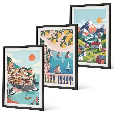 Set of 3 framed wall art pieces colorful mountains and cities design