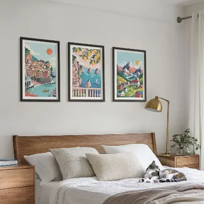 Set of 3 framed wall art pieces colorful mountains and cities design