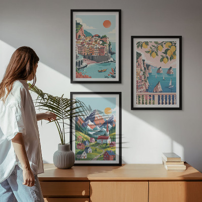 Set of 3 framed wall art pieces Colorful mountains and cities