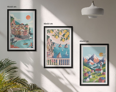 Set of 3 framed wall art pieces Colorful mountains and cities