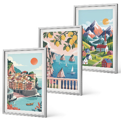 Set of 3 framed wall art pieces Colorful mountains and cities