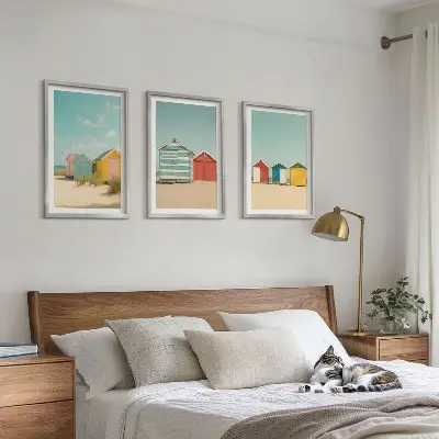 Wall art set colorful houses by the beach with sun