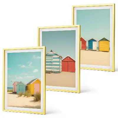 Wall art set colorful houses by the beach with sun
