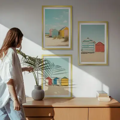 Wall art set colorful houses by the beach with sun
